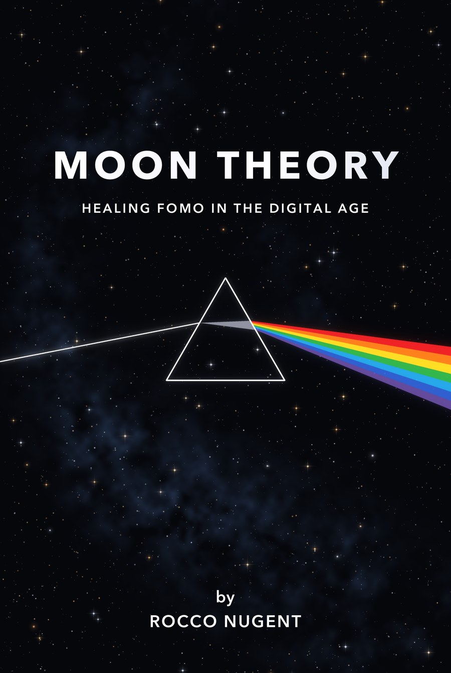 Moon Theory hardcover, front cover: a prism splitting a beam of light into a spectrum on a starry black field